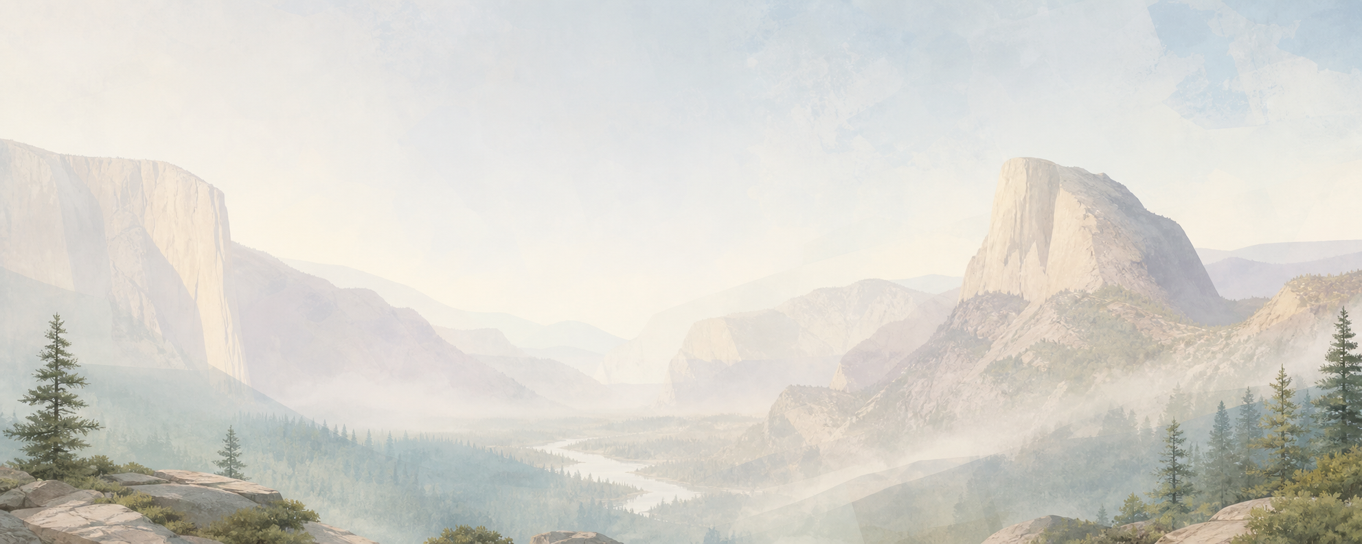 Abstract sunlit granite and evergreen landscape