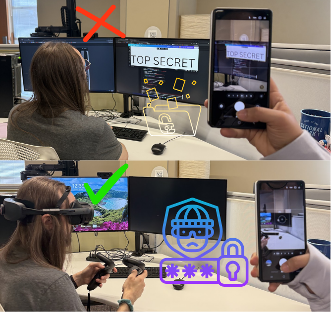 Secure VR privacy concept showing a person using an immersive display with protected information