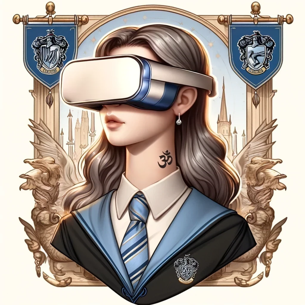 Illustrated self-portrait wearing an Apple Vision Pro with Ravenclaw-inspired details
