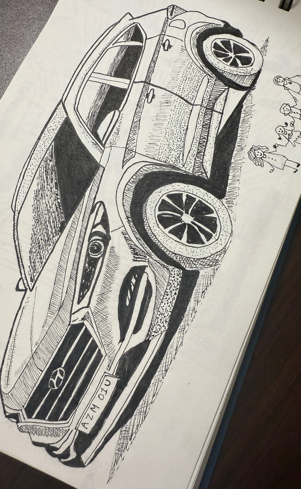 Black ink drawing of a Hyundai car using crosshatching