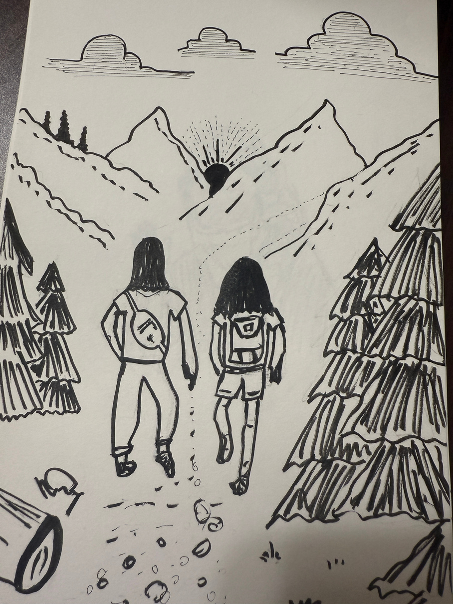 Pen sketch of two people hiking into hills