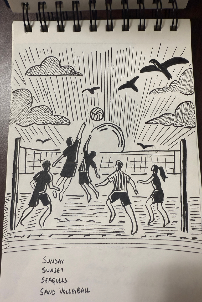 Pen sketch of people playing beach volleyball