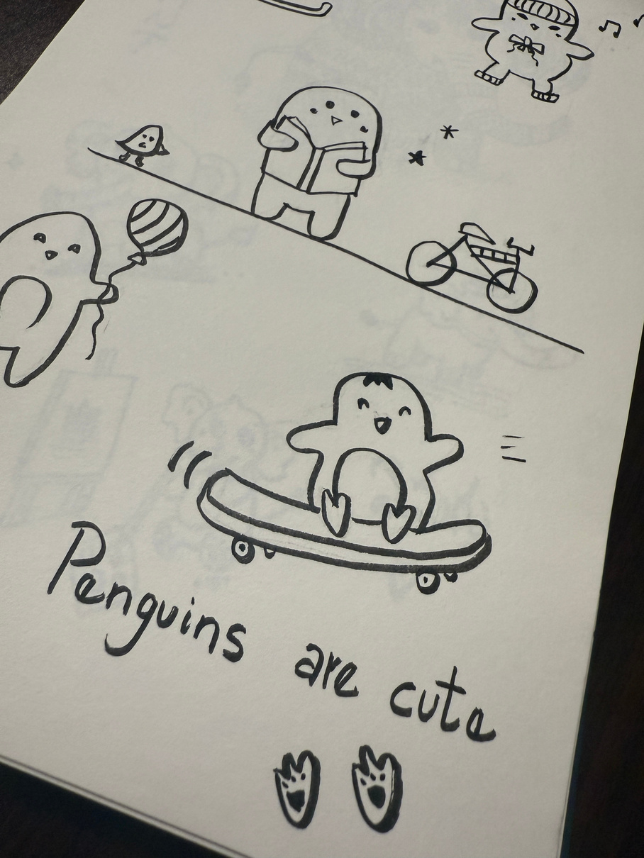Playful penguin doodles and small sketchbook drawings