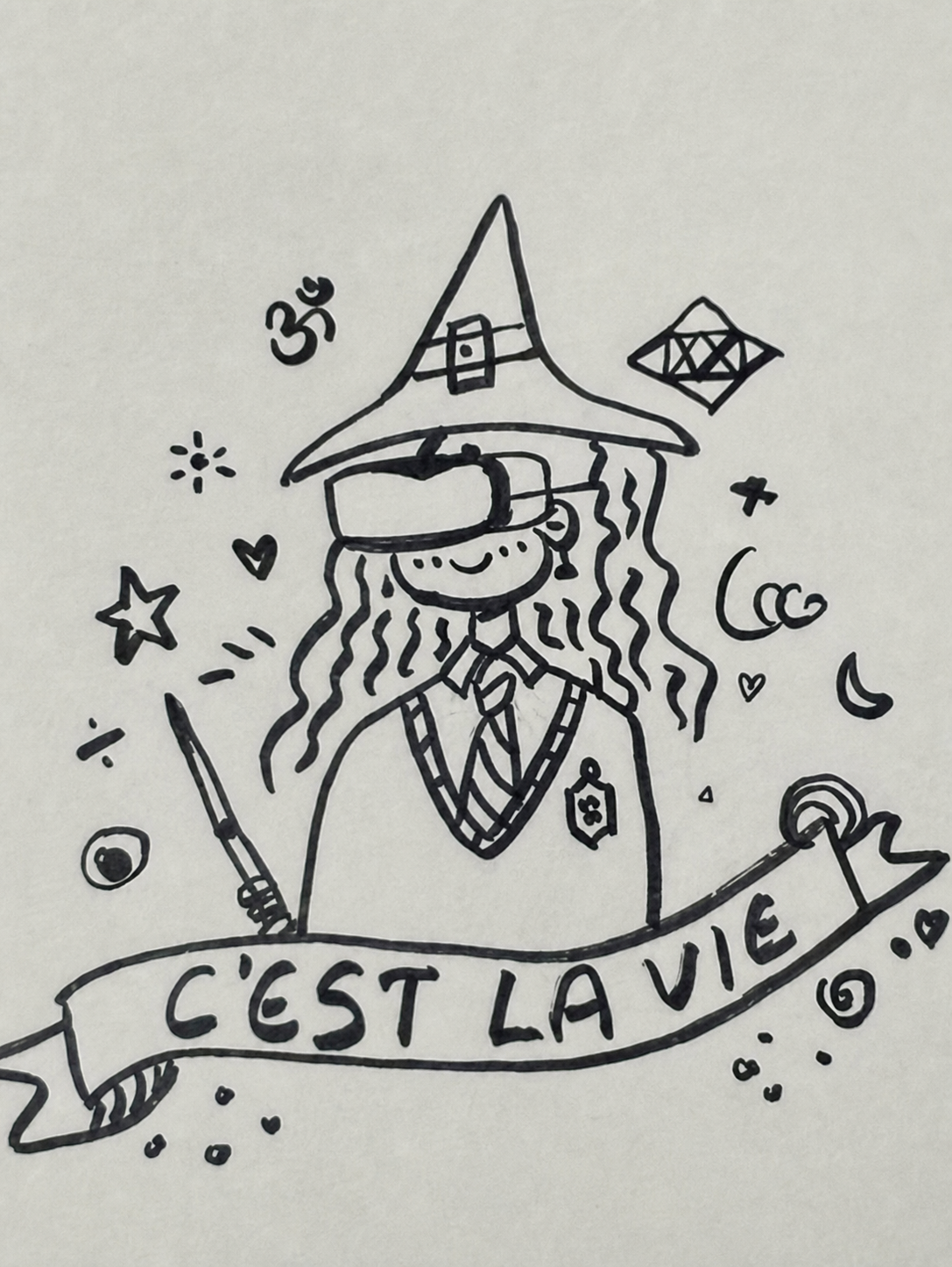 Hand-drawn self-portrait wearing a Ravenclaw hat and VR headset above a C’est la vie ribbon