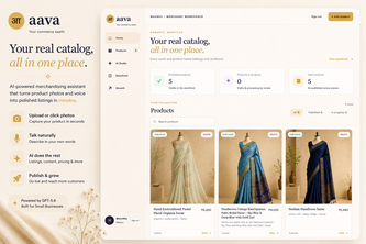 Aava AI commerce dashboard with a saree catalog and merchandising workflow