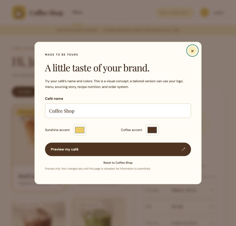 Café branding preview with a custom name and two accent colors