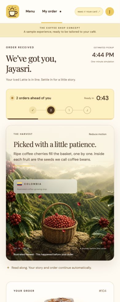 Coffee harvest story with a basket of cherries and visible queue status