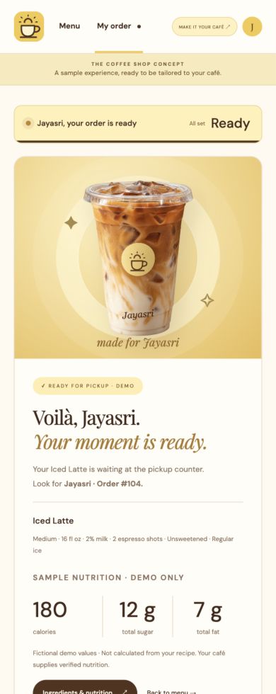 Pickup screen personalized for Jayasri with clearly labeled fictional nutrition values
