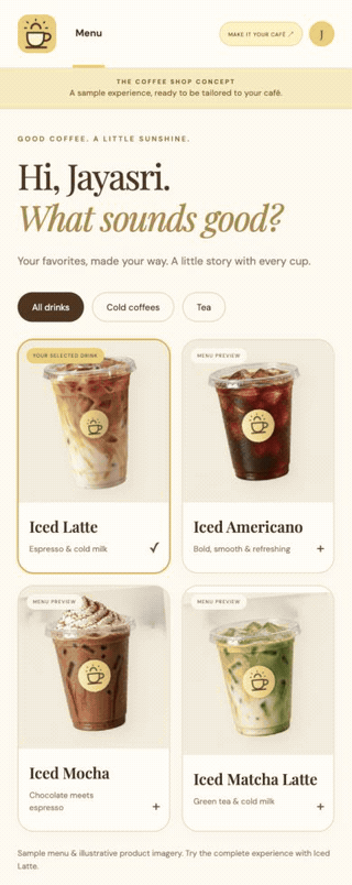 Coffee Shop Experience walkthrough from ordering through ingredient storytelling to pickup, playing at twice real-time speed