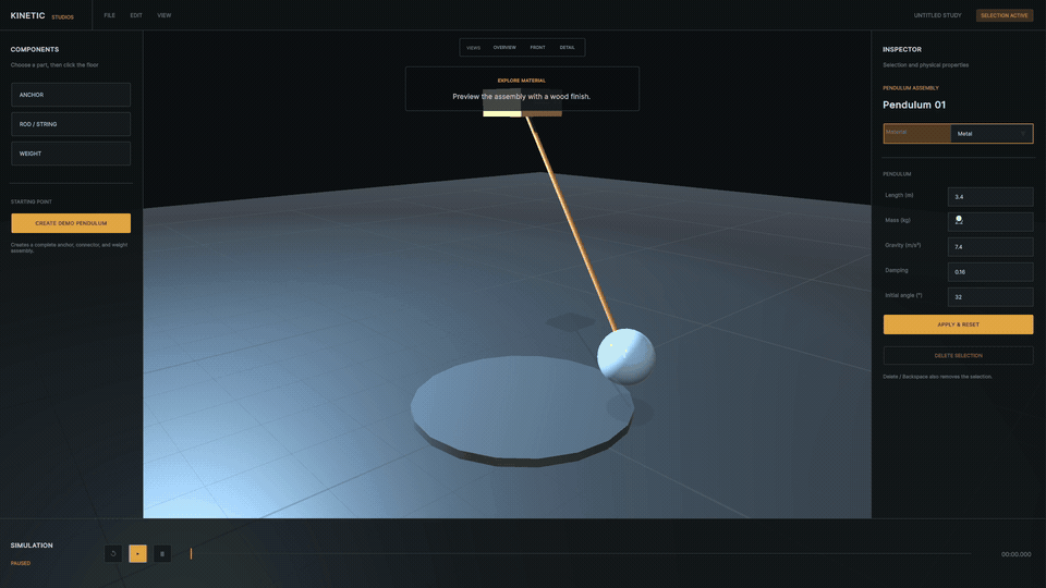 Kinetic Studios pendulum simulation and editing workflow