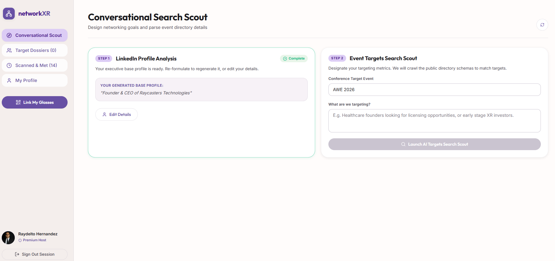 NetworkXR Conversational Scout preparation dashboard