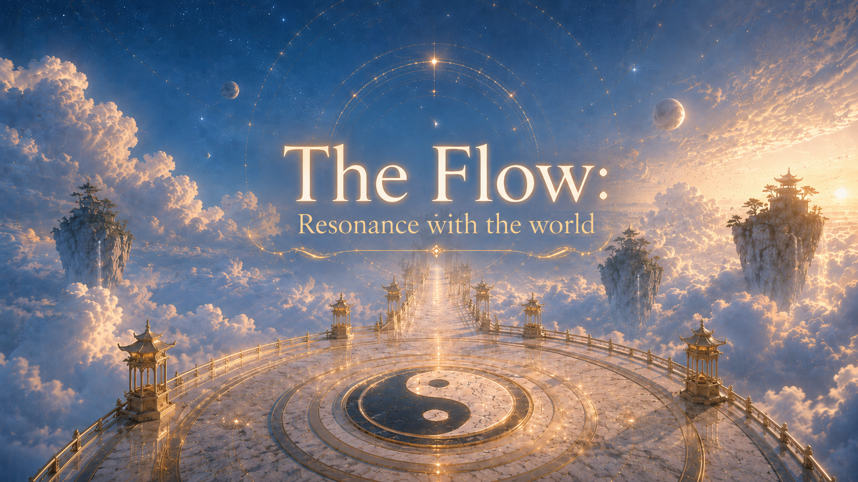 The Flow Resonance with the World title over a celestial Tai Chi landscape