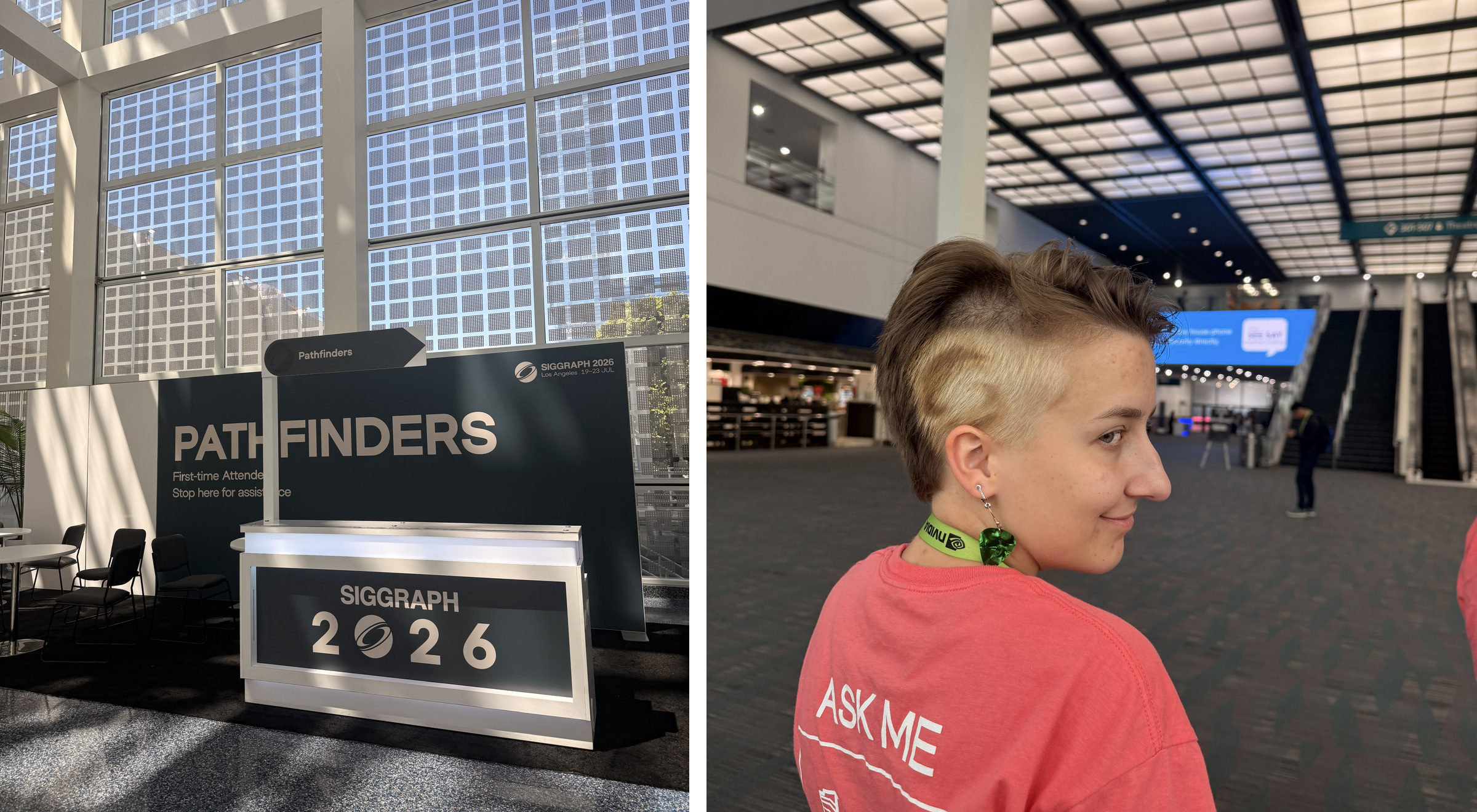 SIGGRAPH 2026 Pathfinders desk beside Team Leader Skye wearing an ASK ME volunteer shirt