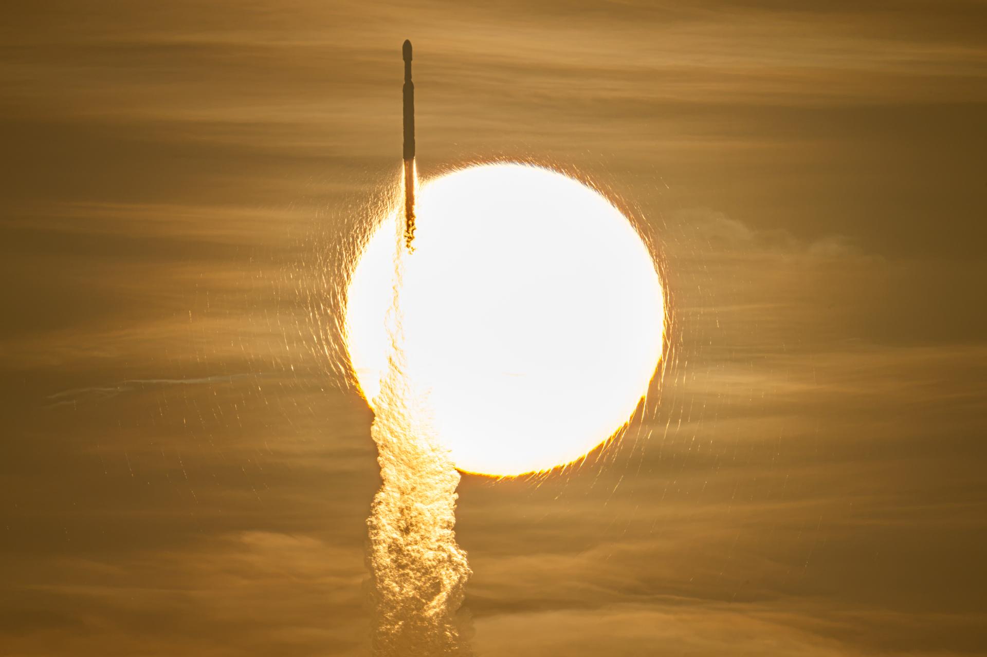 Falcon Heavy carrying the Roman Space Telescope crosses the Sun in a launch photograph from August 30, 2026