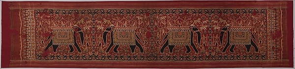 Red silk patolu depicting a procession of elephants