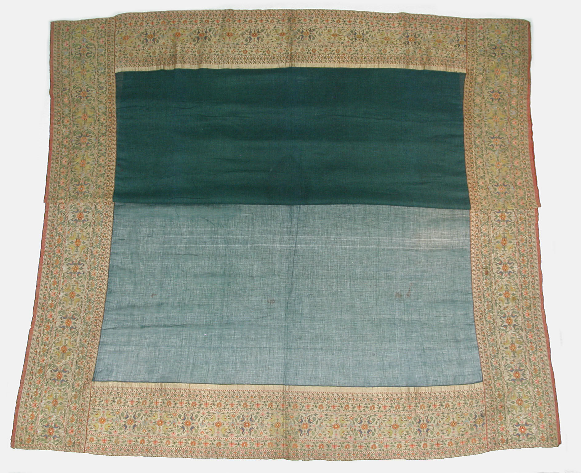 Eighteenth-century Indian sari with a pale field and woven red, green and gold borders