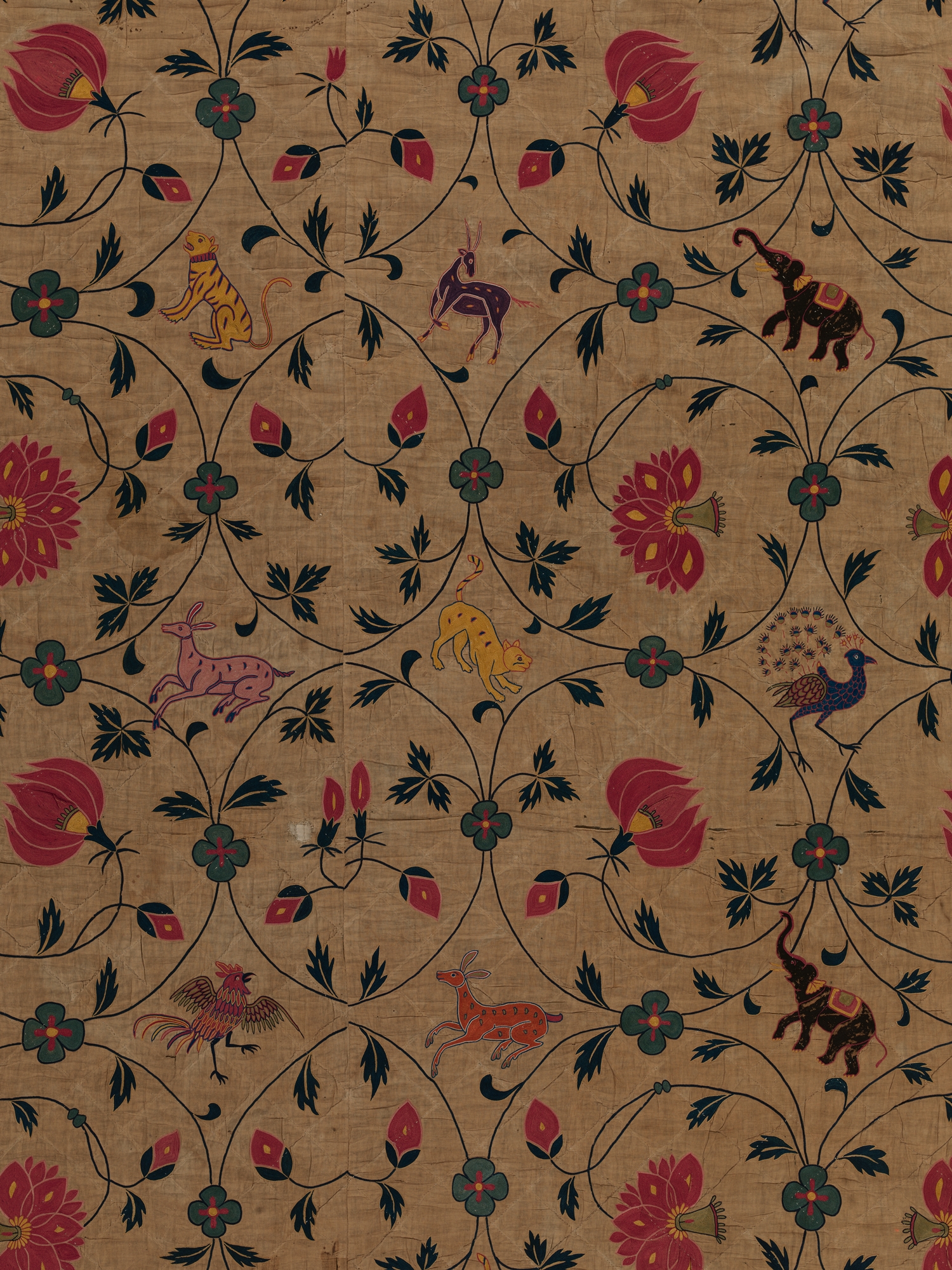 Early eighteenth-century cotton bedcover from Gujarat, embroidered with silk